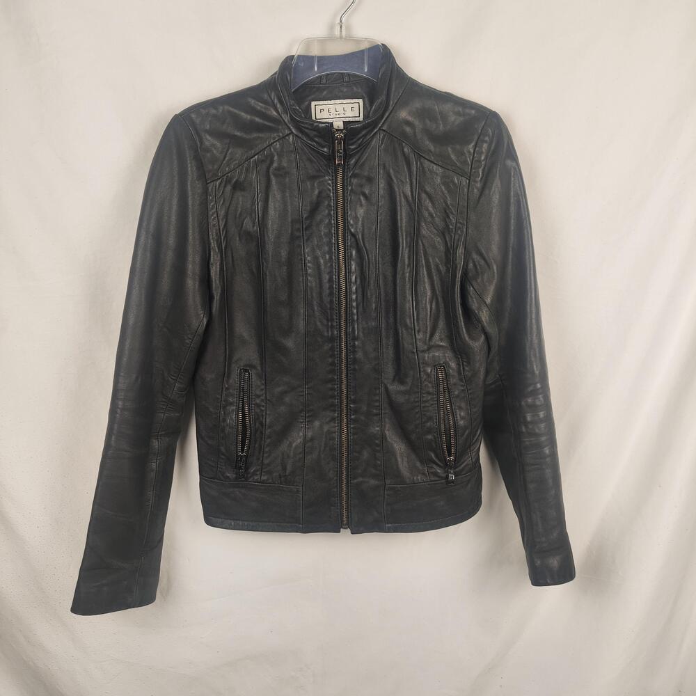 Pelle Studio Jacket Womens Small Black Leather Full Zip Pockets Moto Biker
